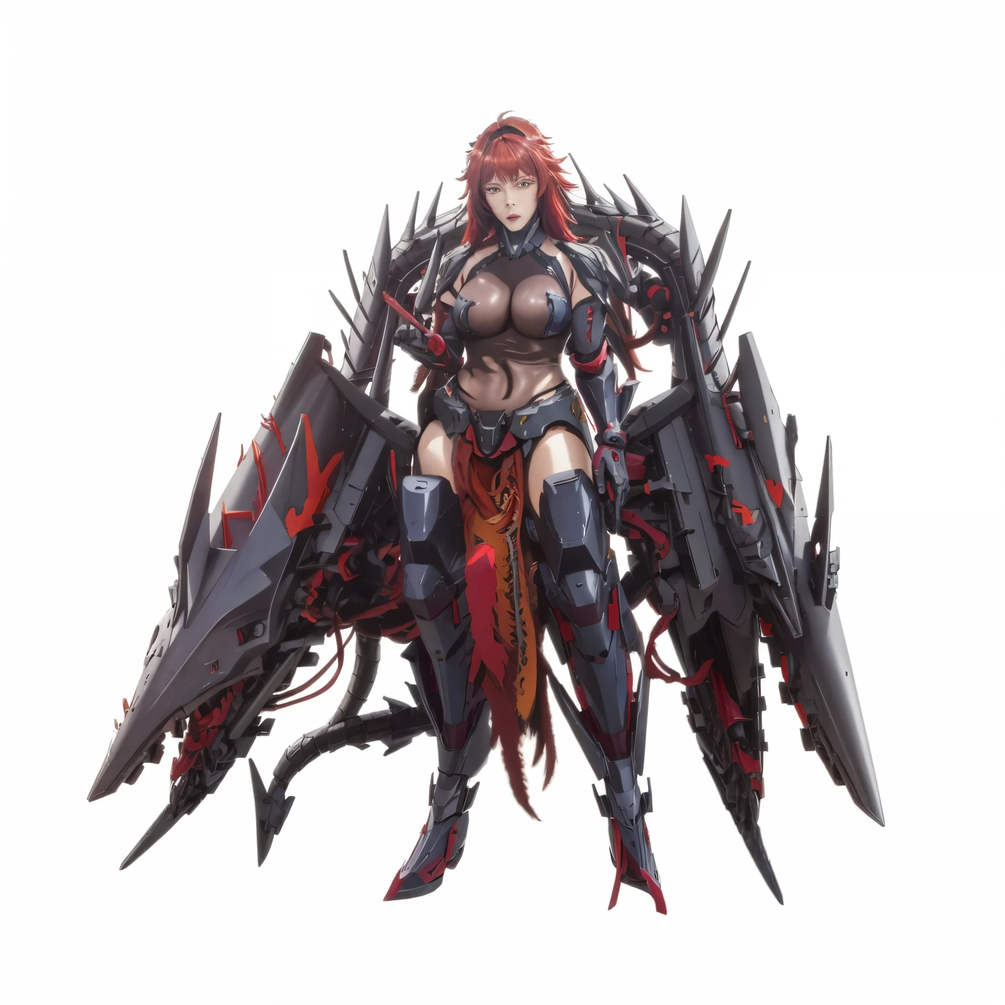 a woman with red hair and a large body is sitting on a large black and red dragon, biomechanical oppai, robot mecha female dragon head, a very beautiful berserker woman, mika kurai demon, mechanized valkyrie girl, from arknights, infernal nymph!!!, nihilister nikke goddes of victory, with scaly-looking armor