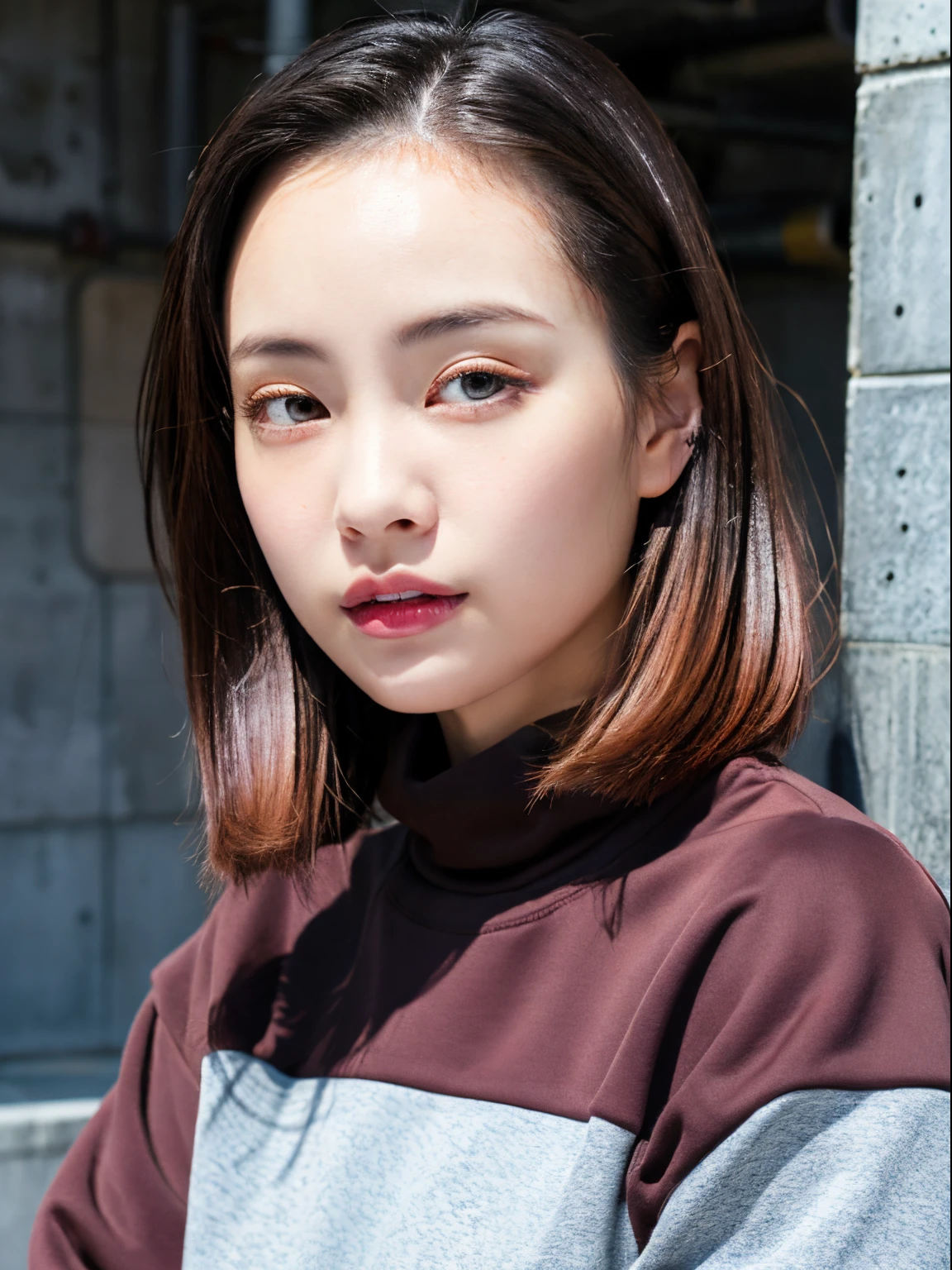 (A hyper-realistic), , (hight resolution), (8K), (ighly detailed), (The best illustrations), (beatiful detailed eyes), (top-quality), (ultra-detailliert), (masterpiece), (mortar wallpaper), (详细的脸), a park,Armpit, Thick,,,独奏,A girl wearing a dark pink long-sleeved sweatshirt, full of sweat, japanes, ,Concrete background、Tile background、Upper body,Medium Hair、Realistic eyes、Perm Hair、Forehead、platinum hair color hair