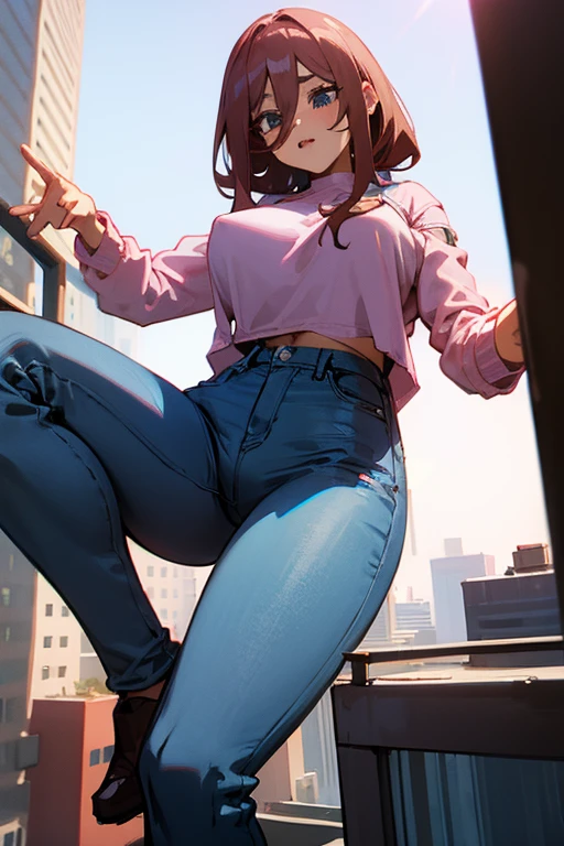 huge breast, giantess, pink top, jeans, city in the background