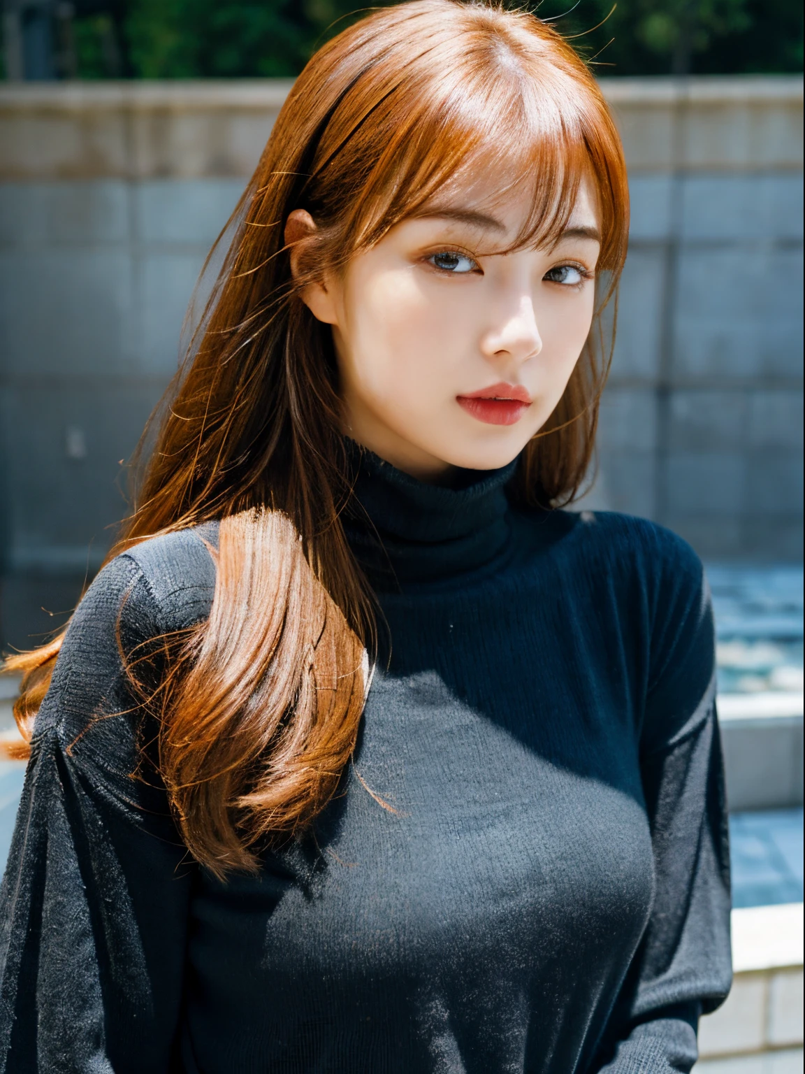 (A hyper-realistic), , (hight resolution), (8K), (ighly detailed), (The best illustrations), (beatiful detailed eyes), (top-quality), (ultra-detailliert), (masterpiece), (mortar wallpaper), (详细的脸), a park,Armpit, Thick,,,独奏,A girl wearing a dark orange long-sleeved turtleneck knit, full of sweat, japanes, ,Concrete background、Tile background、Upper body、Long hair、Curly hair,Realistic eyes、Redhead hair color