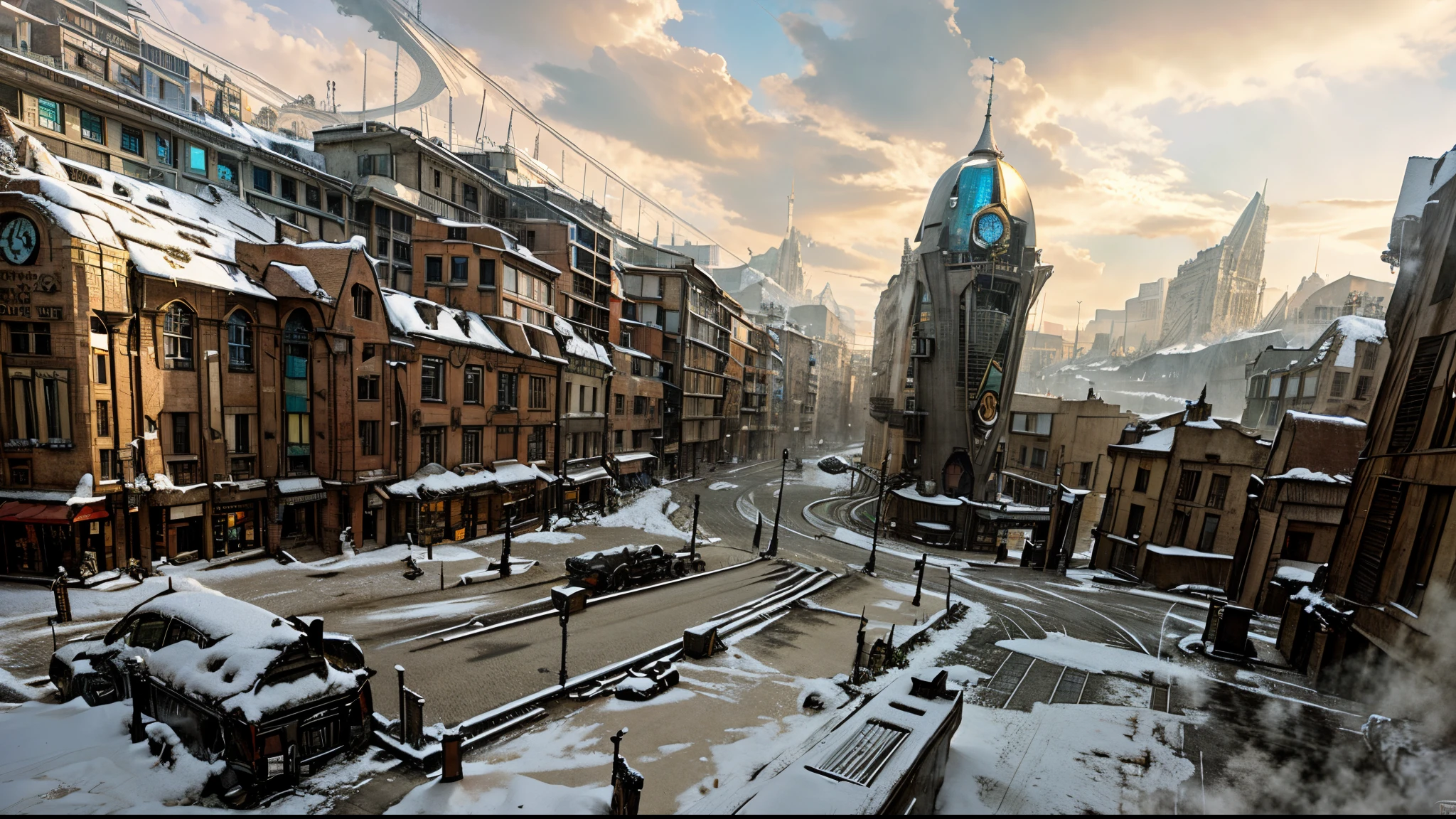 there is a picture of a city with a clock tower, urban concept art, anime concept hdr anime macmanus, concept art stunning atmosphere, by Aleksander Gine, futuristic dieselpunk street, beautiful concept art, inspired by Stephan Martinière, by Ludwik Konarzewski Jr, futuristic  german city, dieselpunk city, stunning concept art, cool tone, snow