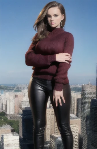 Natalie Portman from a distance, giantess, city, skyscrapers, giga, aerial view, giga giantess, between buildings, behind building, natural breasts, colossal breasts, top heavy, baggy sweater, leather pants, full body view, destruction, angry