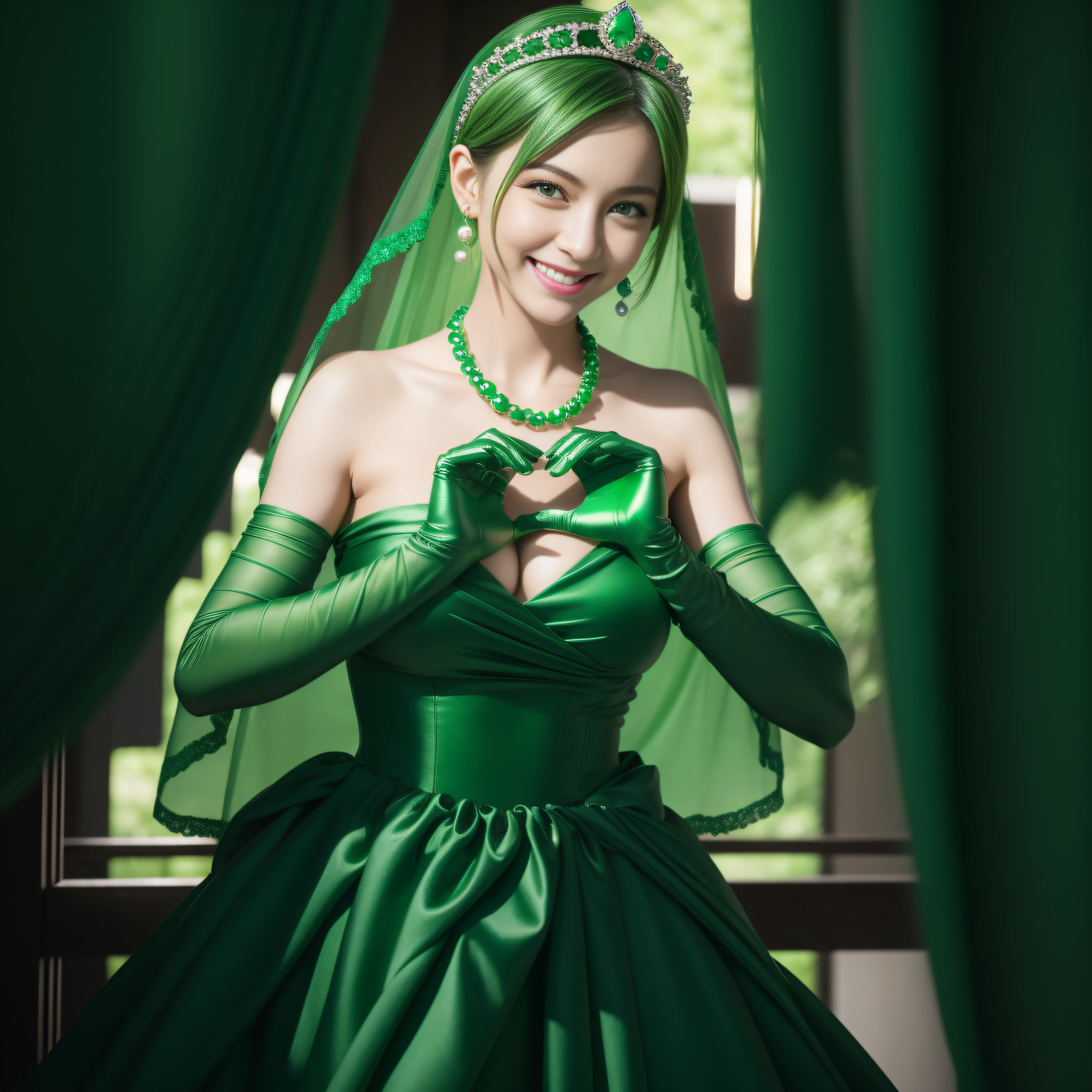 emerald tiara, Green Pearl Necklace, Boyish very short green hair, lipsticks, Japan woman smiling, very short short hair, big breasts beautiful, Green eyes, Long green gloves made of satin material, Green eyes, Emerald Earrings, green vale, Heart with both hands