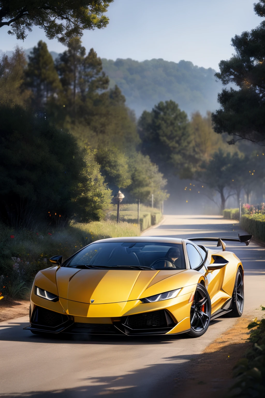 (8K, top-quality, tmasterpiece: 1.2), (actual, realistically: 1.37), super detailing, {Super car},A supercar,Lamborghini, wide viewing angle, Firefly Garden, Lots of little lights and fireflies flying around, natta,Fantastic and magical,动态照明