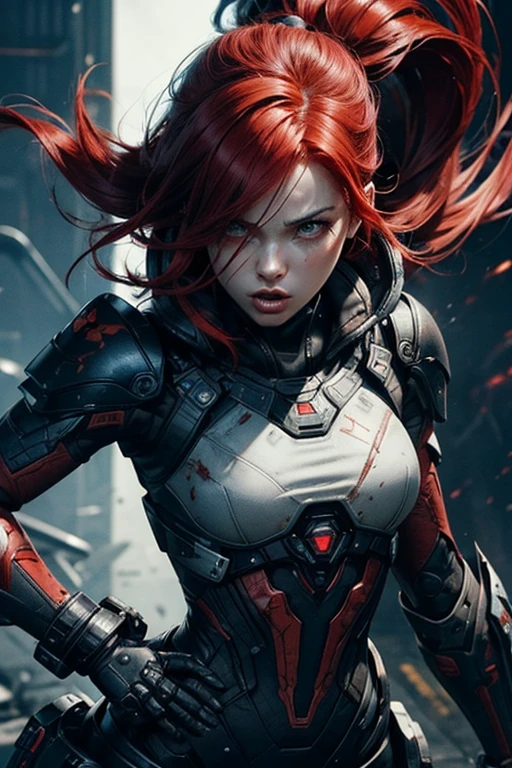 An illustration of a fierce character with fiery hair, in the style of Molecular, [lara croft:(princess peach:1.2):(zelda princess):panam palmer:samus:ciri:(jill valentine)], Al Capp, intense and powerful, photo-enhanced, cyberpunk genre, fiery red