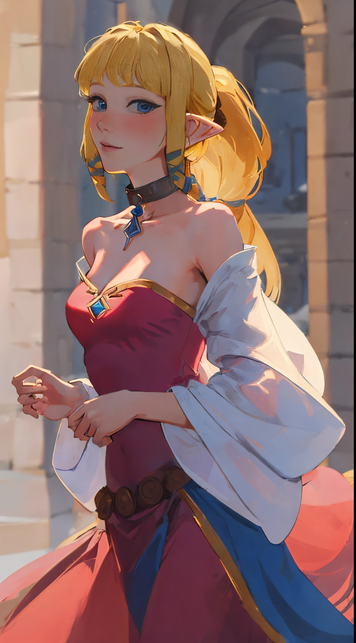 (adult:1.6)(29 years old:1.7)(masterpiece, best quality:1.2), 1girl,solo,(looking at viewer), princess, Zelda, red theme, long strapless dress, blonde hair, bare shoulders, blue eyes, palace, cowboy shot, ponytail,(blushing), (collar), (smiling:0.8),(see-through:0.3)(eyes open:1.3),(excited:0.4)(surprised:0.5)(affectionate:0.9)