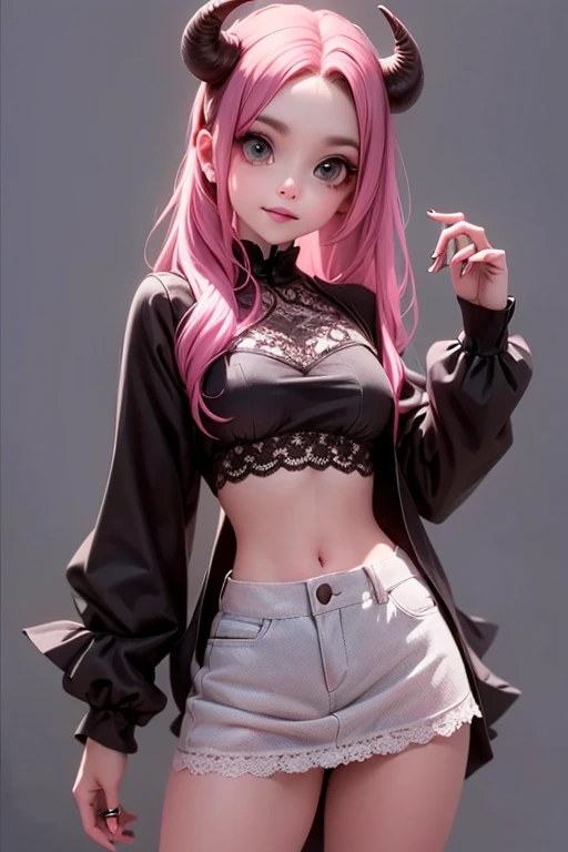 a demon girl in a skirt and crop lace shirt posing for a picture, a digital rendering, trending on cg society, goth fashion clothing, gothic fashion clothing, goth style outfit, goth fashion clothes, fashionable rpg clothing, sfw