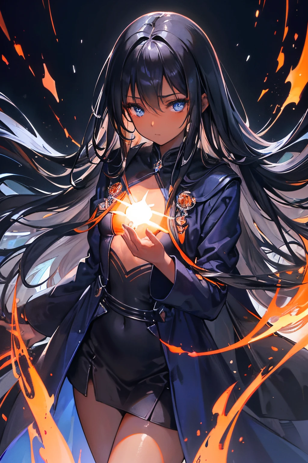 an extremely delicate and beautiful CG illustration, best quality, high resolution, dynamic angle, close-up shot, (1girl), ((Dark-Skinned)) blue large crystal eyes, straight long black hair, floating, soft light, (high-key lighting), mysterious,vivid orange color,shiny, ((Small chest)), ((Fire Powers)) ((Orange)) ((Black clothes)) ((Overcoat))