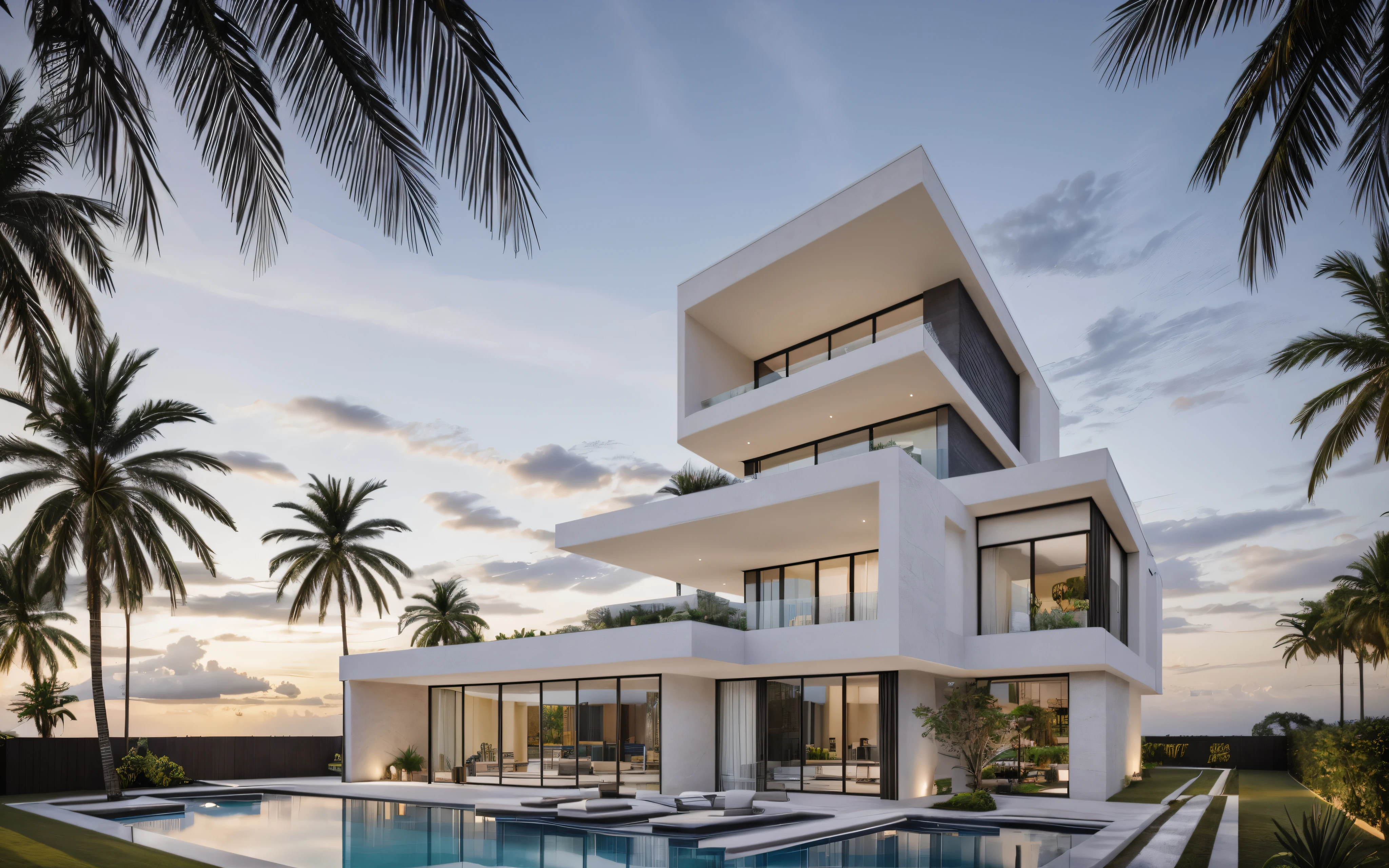 (masterpiece),(high quality), best quality, real,(realistic), super detailed,(full detail),(4k),8k,modern house exterior design,Modern architecture,white_house,Beautiful_sky,sunrise_light,(gentle light),((no_strong_contrast)), no_humans, outdoors,sky,((Tropical_trees)),Coconut_trees,Palm trees,Pool and Garden_flower_front_of_building,pool villa,(strong interior light),