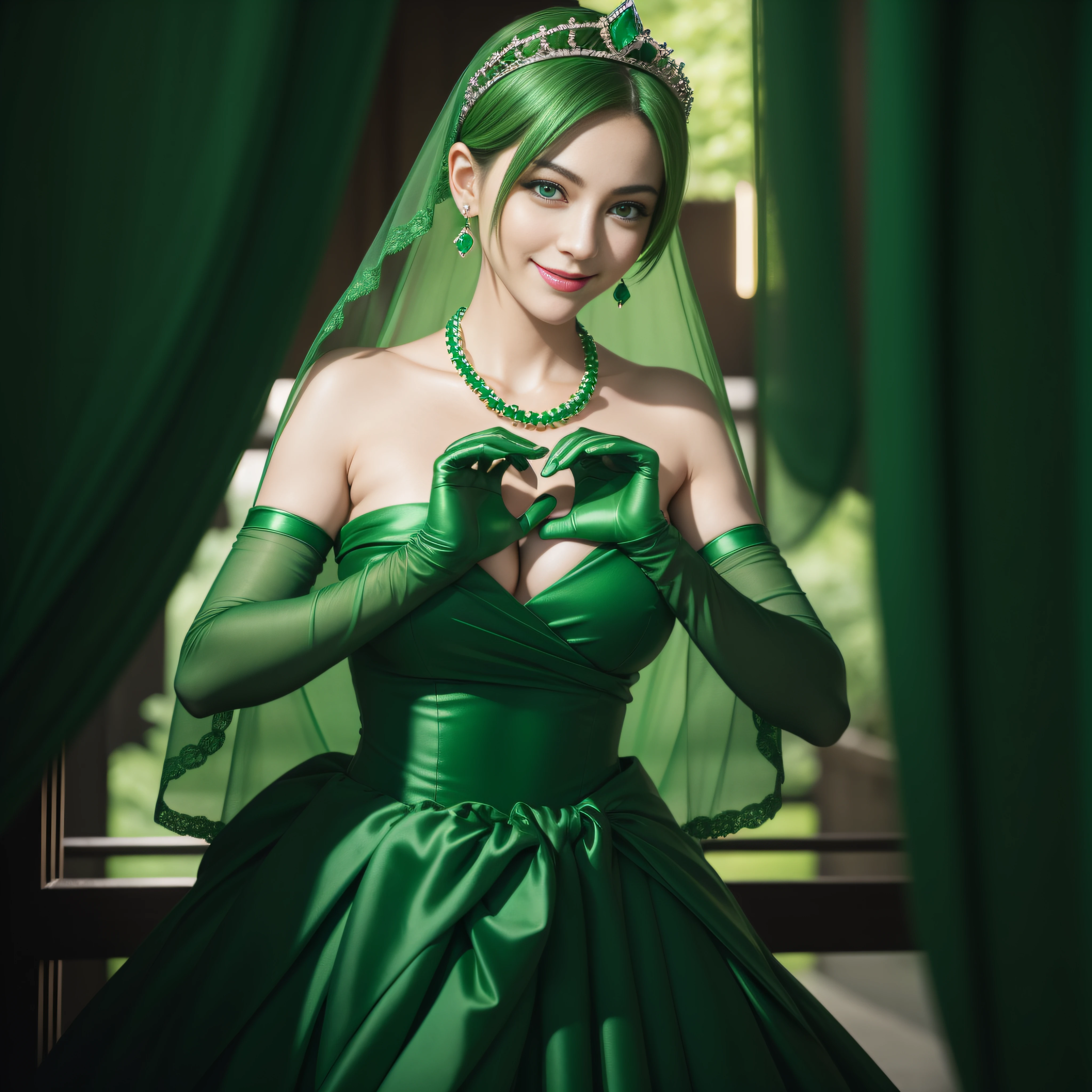 emerald tiara, Green Pearl Necklace, Boyish very short green hair, lipsticks, Japan woman smiling, very short short hair, big breasts beautiful, Green eyes, Long green gloves made of satin material, Green eyes, Emerald Earrings, green vale, Heart with both hands