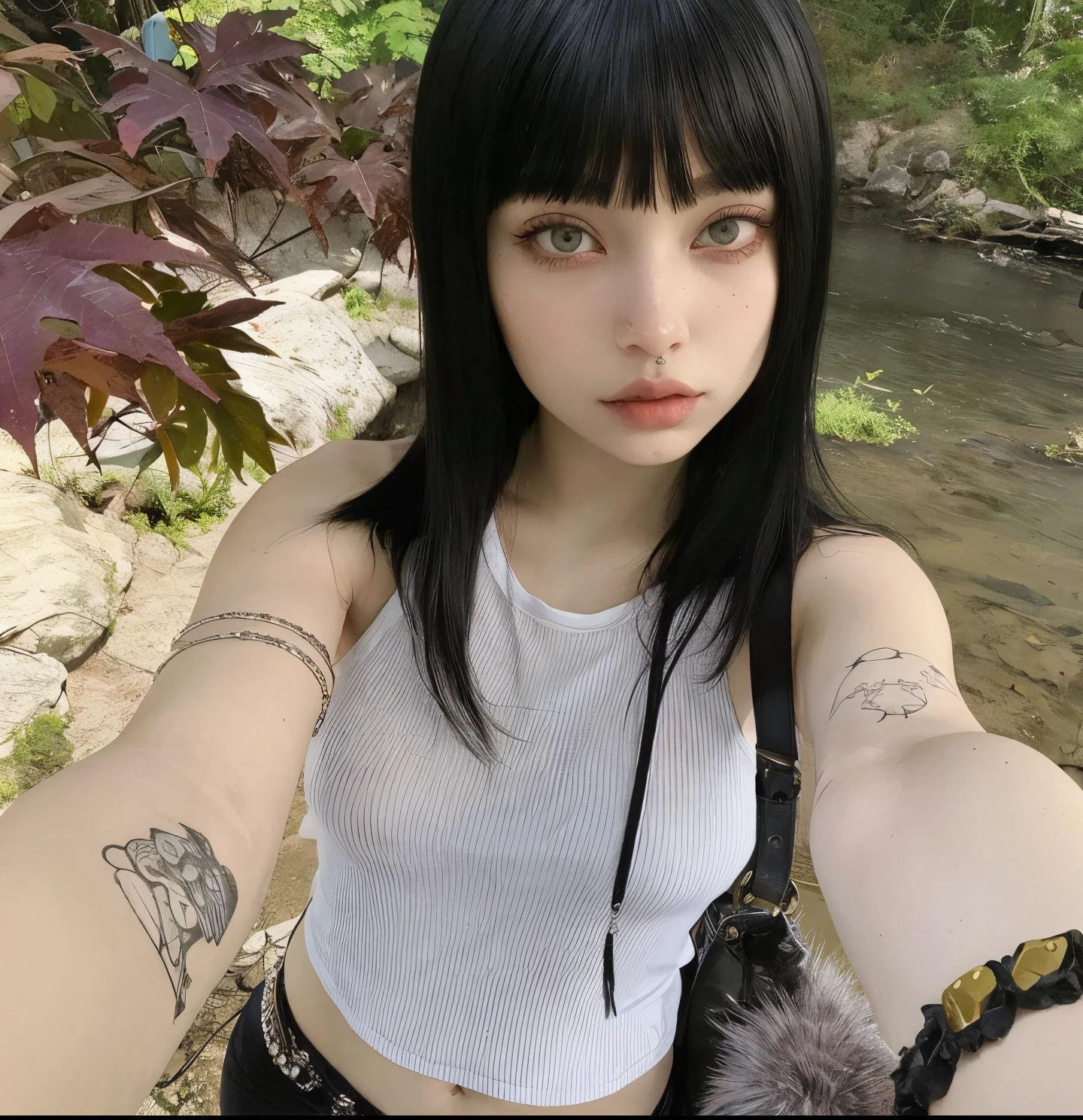 mulher com cabelo preto e tatuagens tirando uma selfie, Ela tem cabelo preto com franja, 1 7 - year - old goth girl, with pale skin, pale goth beauty, cabelo preto e franja branca, com rabo-de-porco preto, Menina anime na vida real, franja preta, pale fair skin!!, Anna Nikonova aka Newmilky, extremely pale white skin