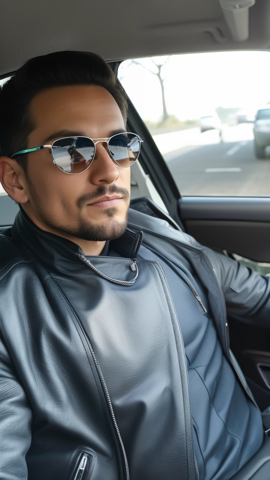 There&#39;s a man looking heckin cool and classy, sem capacete, Andando na estrada dentro de um carro, usando uma jaqueta de couro, with sun glasses.