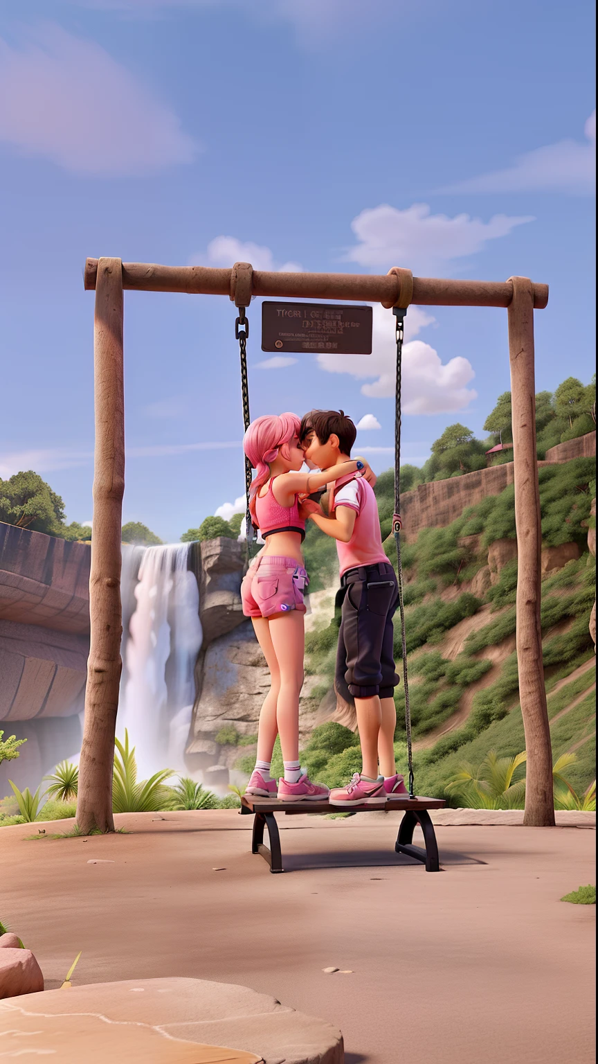 A girl wearing pink panties and a pink bra kissing a shirtless boy in black shorts, they are standing on top of a swing in front of a waterfall