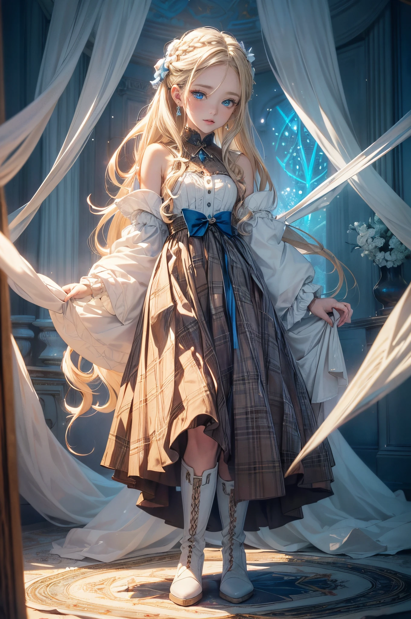 (masterpiece),(top-quality:1.2),1girl in,(masuter piece:1.3),exquisitedetails, Highest quality 8K resolution,Vibrant colors, Soft tones, Enjoy stunning views in a warm atmosphere, Gentle lighting,slender white body、(camel colored plaid long skirt),(white quilted blouson),(natural brown boots),Blushing、(short twin-tailed blonde hair:1.3),(Hair parted in the middle:1.3),(Glowing hair),(Blue Diamond Eyes:1.3),White skin,Ultra-detailed depiction and vivid colors,color palettes,Create an ethereal atmosphere like a dream,The artwork of gentle light is a masterpiece,