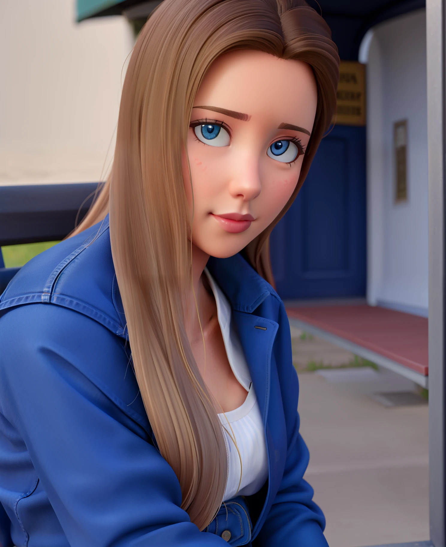 there is a woman sitting on a bench with a blue jacket. Disney Pixar cartoon type A