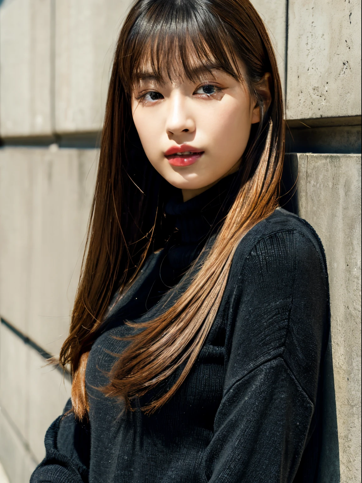 (A hyper-realistic), , (hight resolution), (8K), (ighly detailed), (The best illustrations), (beatiful detailed eyes), (top-quality), (ultra-detailliert), (​masterpiece), (mortar wallpaper), (详细的脸), a park,Armpit, Thick,,,独奏,A girl wearing a dark orange long-sleeved turtleneck knit, full of sweat, japanes, ,Concrete background、Tile background、Upper body、Long hair、Curly hair,