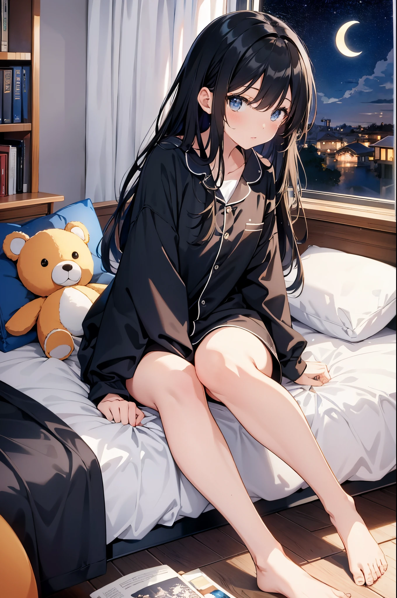 lineart, 
1girl, solo, long hair, black hair, long sleeves, sitting, sky, shorts, barefoot, cloud, indoors, pillow, book, bare legs, window, bed, night, on bed, stuffed toy, moon, stuffed animal, curtains, star (sky), night sky, desk, starry sky, bubble, teddy bear, pajamas, clock, bookshelf, lamp, bedroom, crescent moon, shelf,