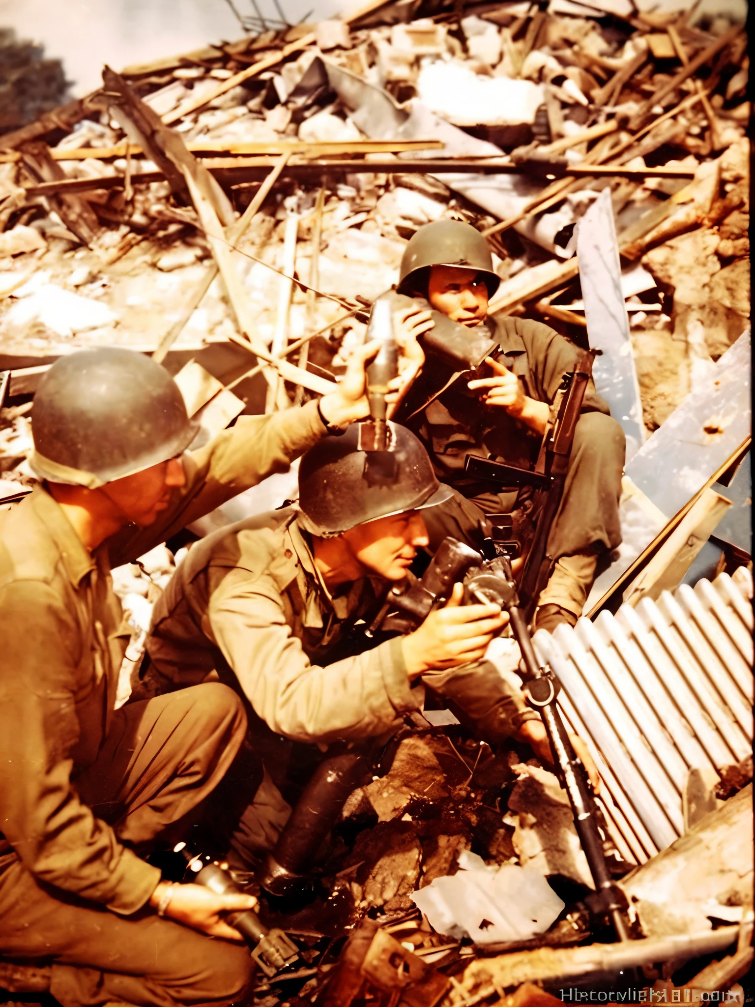 soldiers in uniform are looking at a machine gun in a pile of rubble, ww2 photo, ww2 historical photography, ww 2 historical photography, war photo, war photography, japan soldier in world war 2, ww2 historical photo, detail, colored photo, photo in color, taken on a ww2 camera, taken on a ww 2 camera, korean war, wartime footage