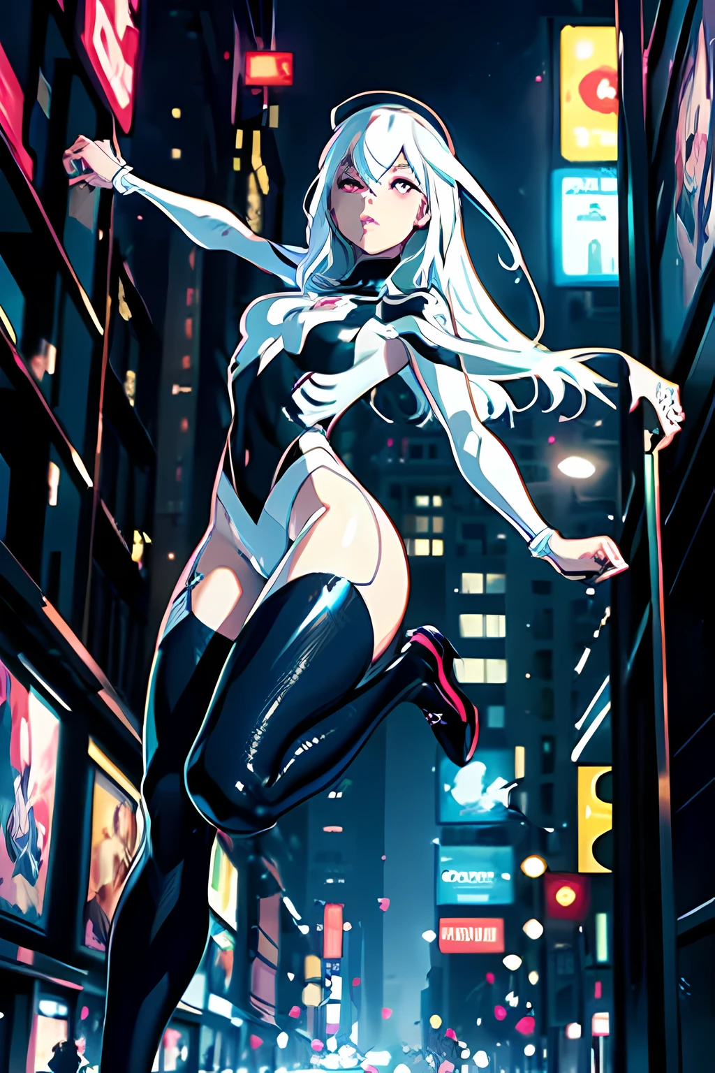 (best quality, masterpiece), official art, illustration, ligne claire, highres, absurdres, ultra-detailed, 8k, cel shading, 1girl, Ghostspider, Gwen Stacy,, City, high res, ultrasharp, 8K, masterpiece,1 girl, full body, vibrant, posing, dynamic, background, elements, confident, expression, majestic, cover