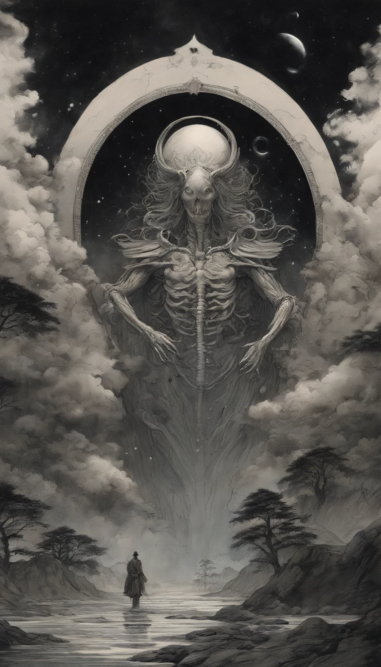 a full-body portrait of Satan, with intense fiery eyes and a sinister grin, surrounded by a hellish landscape. The devil is depicted with intricate horn structures, sharp fangs, and a muscular physique. His skin is dark red and covered in intricate tattoos, symbolizing evil and darkness. He is dressed in a flowing black cloak, which billows dramatically in the fiery winds of the underworld. The background is filled with volcanic landscapes, molten lava, and ominous dark clouds. The entire scene is bathed in an eerie red and orange color palette, giving it a hellish and sinister atmosphere. The lighting is dramatic, with deep shadows and intense highlights emphasizing the devil's features. The overall image quality should be of the highest caliber, with ultra-detailed textures and realistic rendering. The style should be a dark and menacing portrayal of Satan, reminiscent of horror and fantasy art.