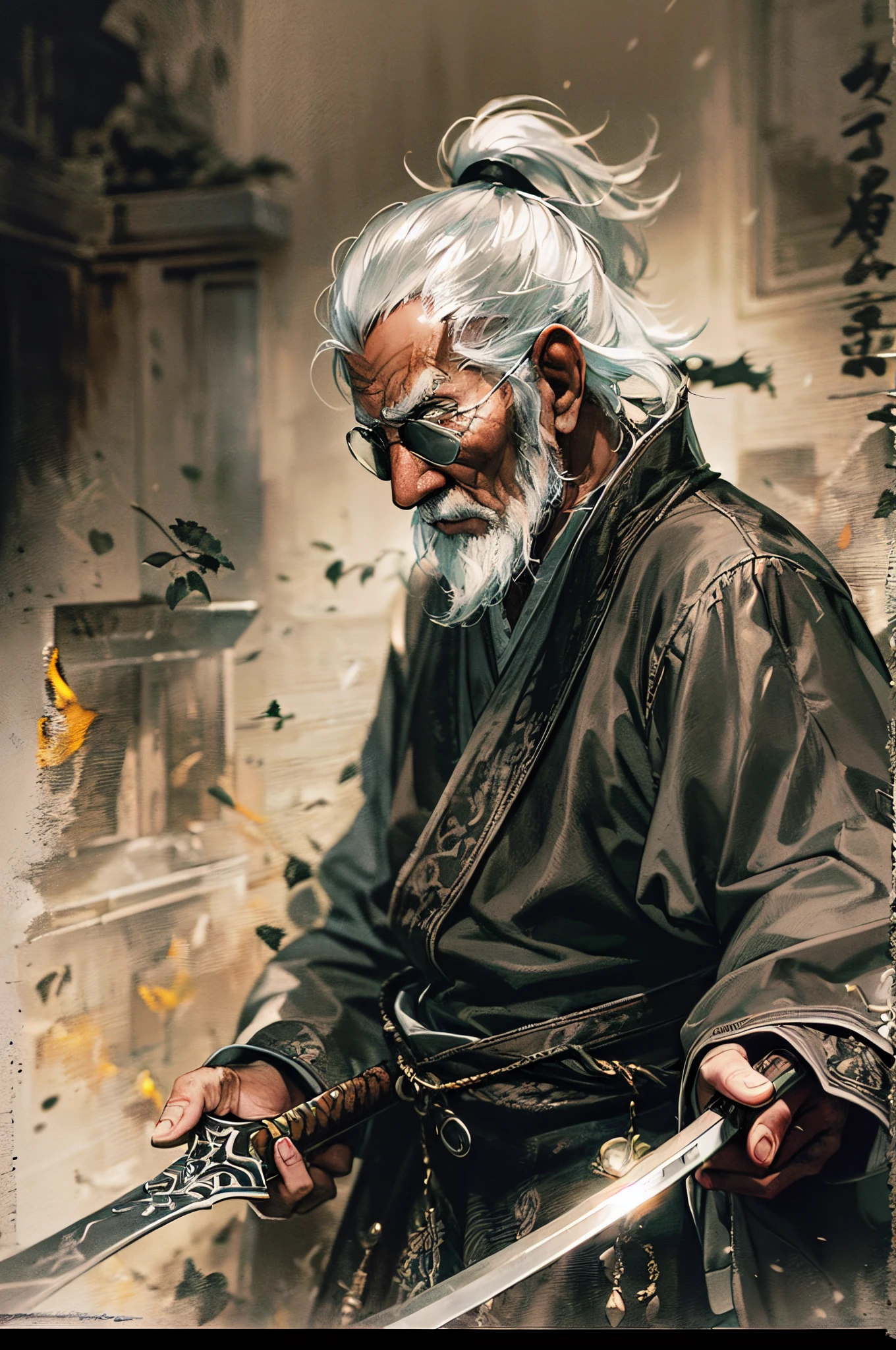holding a katana、Artist uses blotting ink、Blurred the boundaries of the picture, Combination with delicate brushwork、Expressing the details of the picture. It's incredibly beautiful. Beautifully expresses the shades of black ink.