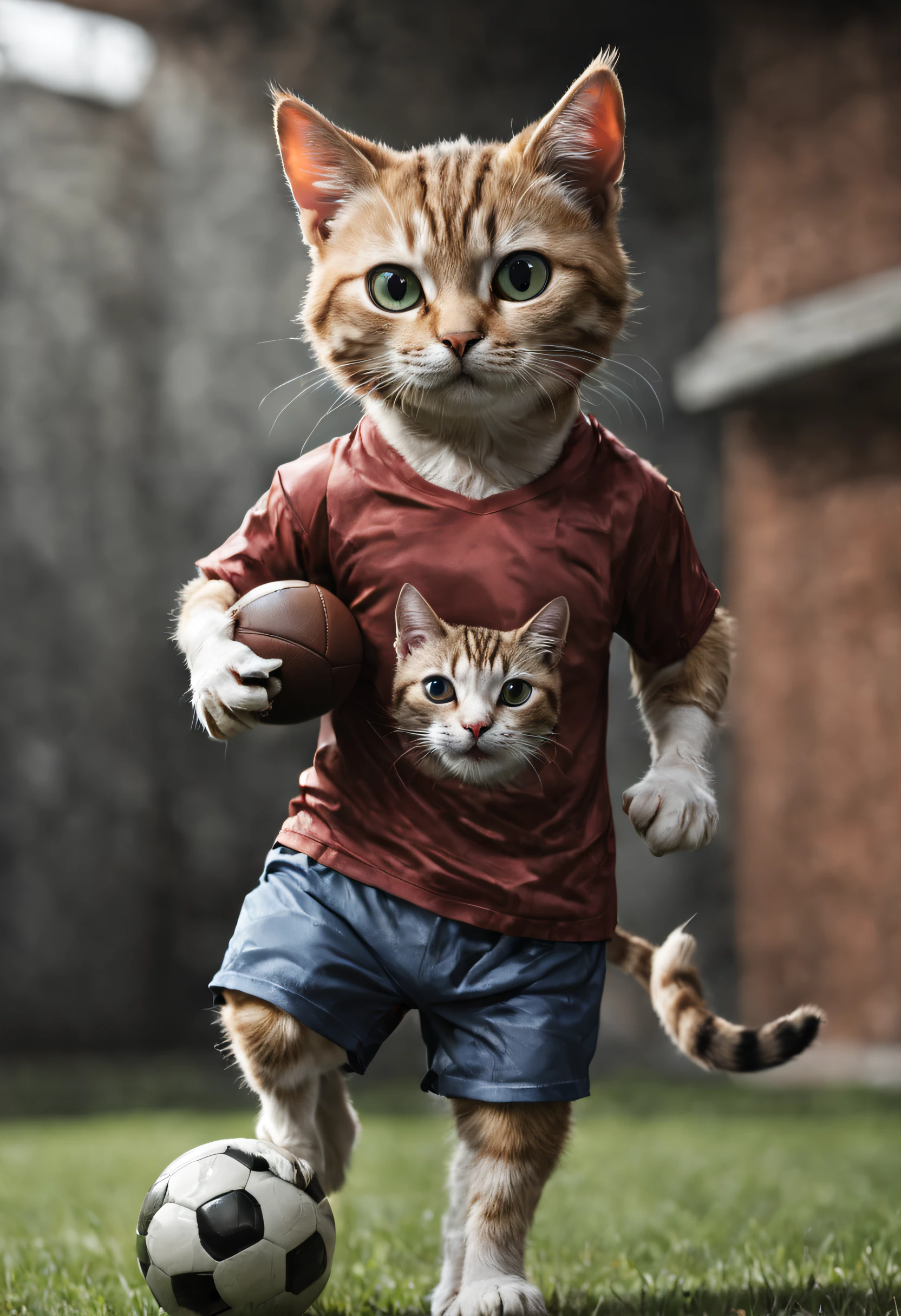 a cat, playing football, with a t-shirt and a short
