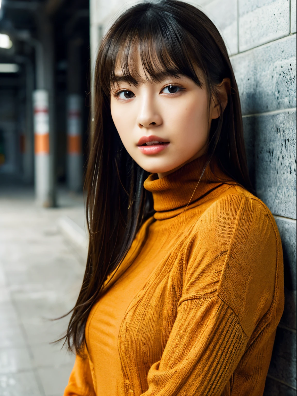 (A hyper-realistic), , (hight resolution), (8K), (ighly detailed), (The best illustrations), (beatiful detailed eyes), (top-quality), (ultra-detailliert), (masterpiece), (mortar wallpaper), (详细的脸), a park,Armpit, Thick,,,独奏,Girl wearing dark orange long-sleeved turtleneck knitwear, full of sweat, japanes, ,Concrete background、Tile background、Upper body、Long hair