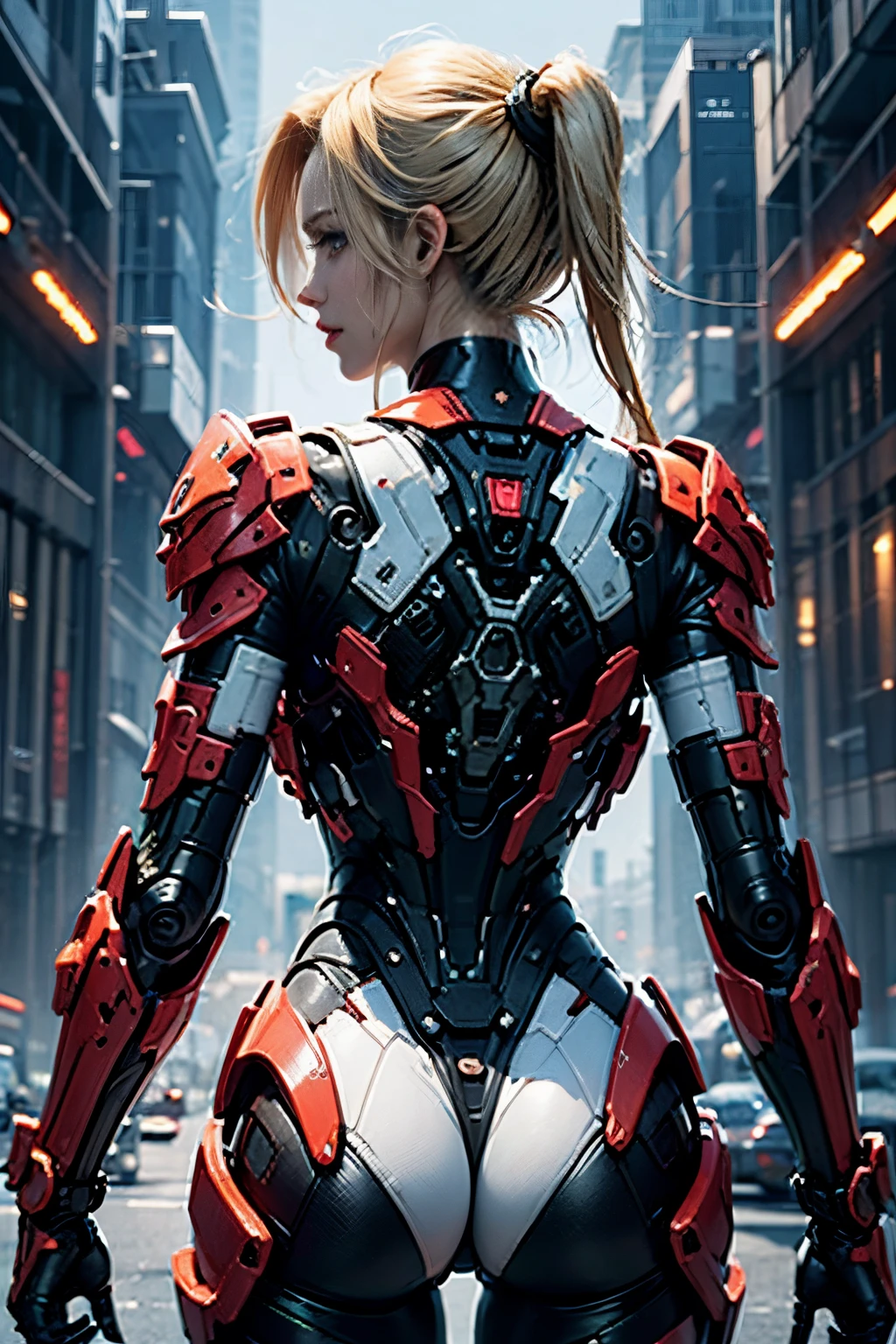 female back pose cammy white ,sci fi suit, futuristic armor,blonde,posing backside,torso,portrait, good lighting
