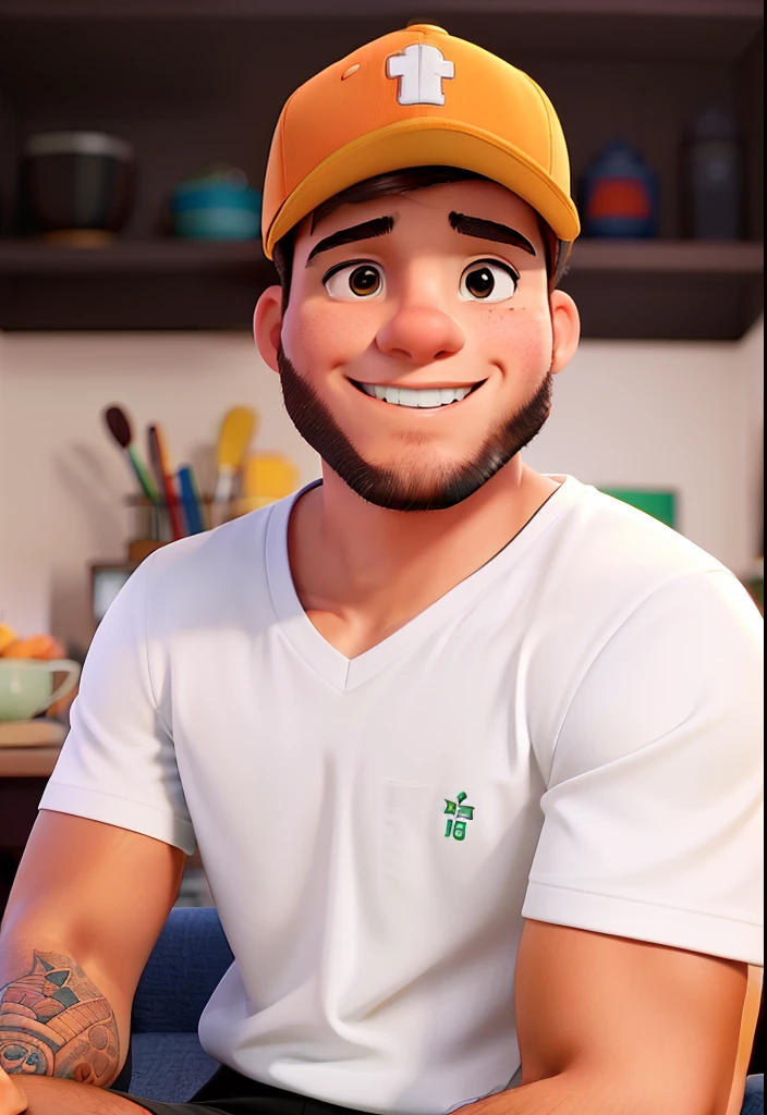 Homem moreno, sorriso bonito, sitting in front of the camera