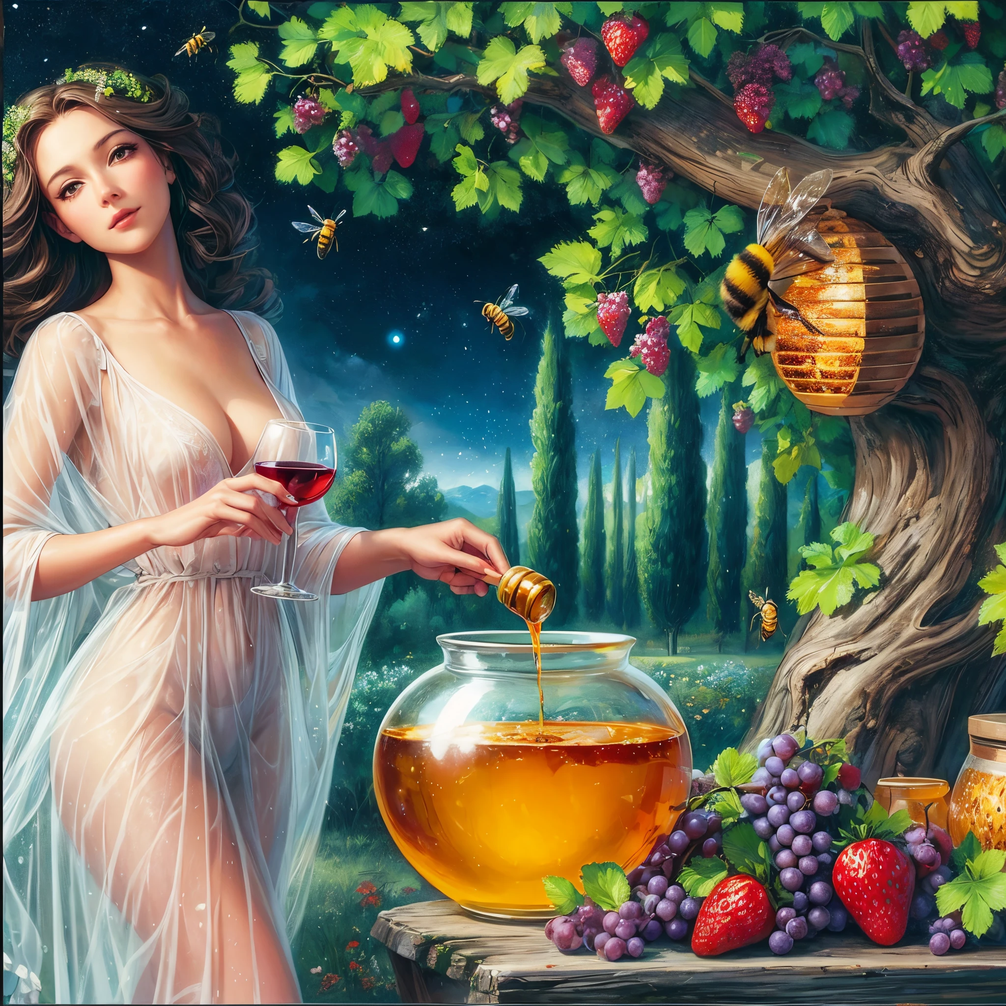 A beautiful woman, a transparent white dress, a dirty middle, red wine, under the tree, in the tree, a beehive with honey flowing from it, in the middle of the pot, grapes, a bee on top of it, strawberries next to it, a beautiful view, night with dim moonlight, the scene pleases the viewers, an artistic painting.