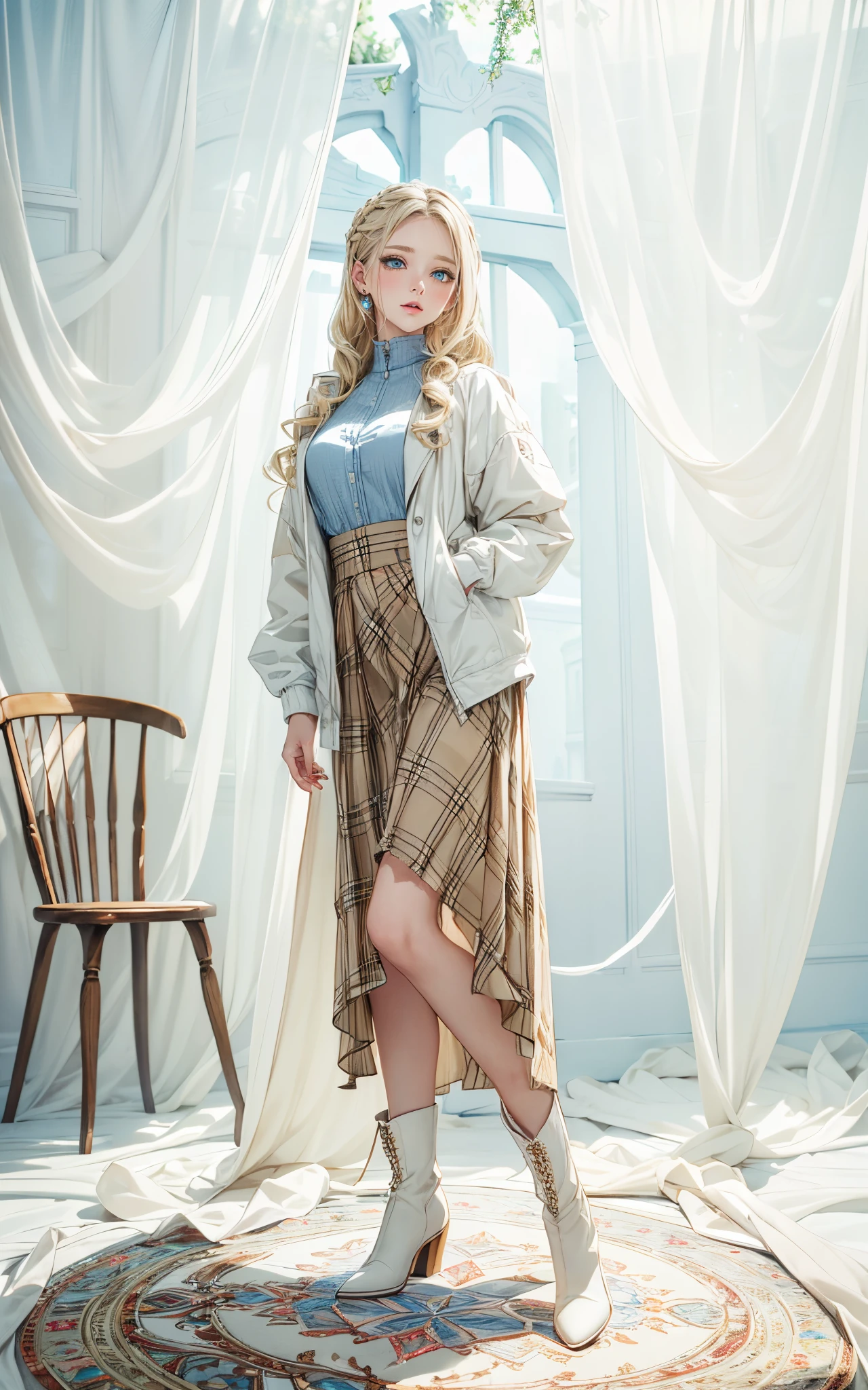 (masterpiece),(top-quality:1.2),1girl in,(masuter piece:1.3),exquisitedetails, Highest quality 8K resolution,Vibrant colors, Soft tones, Enjoy stunning views in a warm atmosphere, Gentle lighting,slender white body、(camel colored plaid long skirt),(white quilted blouson),(natural brown boots),Blushing、(short twin-tailed blonde hair:1.3),(Hair parted in the middle:1.3),(Glowing hair),(blue diamond eyes:1.3),White skin,Ultra-detailed depiction and vivid colors,color palettes,Create an ethereal atmosphere like a dream,The artwork of gentle light is a masterpiece,
