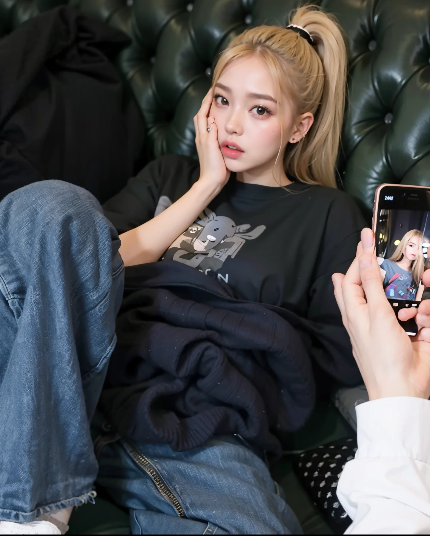araffe girl sitting on a sofa holding a cell phone, Parque Roseanne do Blackpink, jossi do blackpink, Lalisa Manoban do Blackpink, Photo Session, Retrato de Jossi do Blackpink, Jennie Blackpink, Cl, Jinyoung Canela, 😭 🤮 💕 🎀, Lalisa Manobal, Casa Yunjoo, photo shoot, jia, instagram photo shoot