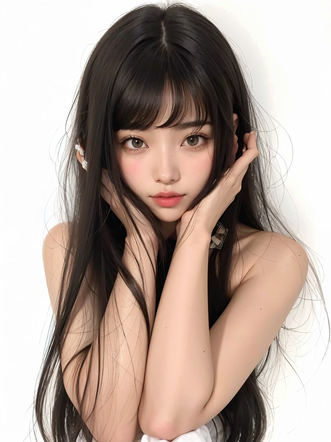 Melhor qualidade, , black hair, long hair, baby face, pequena, linda, sorrindo, corpo todo, nova, peito pequeno, mostrando o peito, hair styled with small bow, foto, mostrando o corpo, em casa, luz real, realista, bem detalhado, good lighting environment, abajour, vestido decotado, shows bra