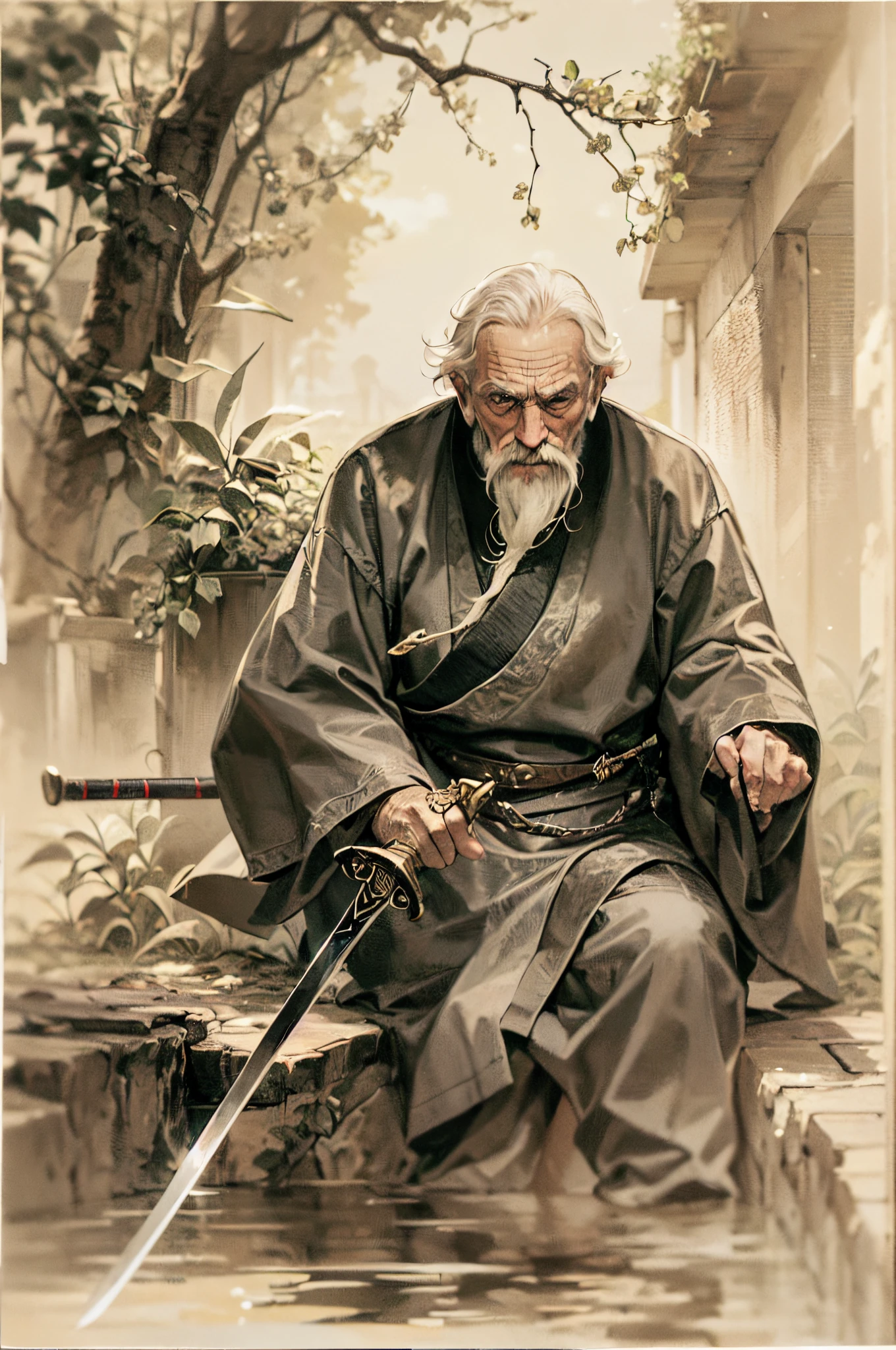 The old master of swordsmanship has a very strong fighting spirit even in his old age. Normally, he is a kind and gentle old man, but when confronted with a sword in his hand, he radiates an aura of fear. He has fought a hundred battles, and he will never grow old.Artist uses blotting ink、Blurred the boundaries of the picture, Combination with delicate brushwork、Expressing the details of the picture. It's incredibly beautiful. Beautifully expresses the shades of black ink.
