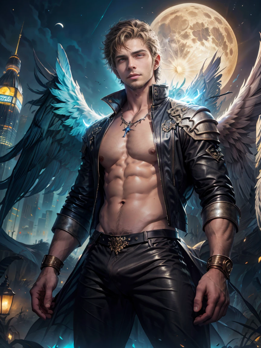 ((1man)) 18-year-old angel male, (( leather clothes)), ((not shirt)), (( with many majestic wings)), (( in the background cyberpunk city with full moon)), ((1 man)), (( 1 man)), (( 8K high-definition portrait of an 18-year-old angel man, (( angel with several majestic wings)), Deus do Mar, Deus do Oceano, Luthien, arte de deus, Deus da mitologia grega, Deus da Lua, Deus do amor e da paz, deus bonito, Mitologia do Deus da Terra, o deus Eros, Um retrato impressionante de um deus, Frank Kelly Freas, Estilo Karol Bak, ((beautiful face)), Ultra Definition, melhor qualidade, 32k ultra | | | | | | | | | | | | | | | | | | | | | | | | | | | | | | | | | | | | | | | | | , Ultra HD | | | | | | | | | | | | | | | | | | | | | | | | | | | | | | | | | | | | | | | | |