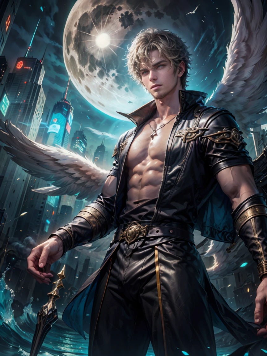 ((1man)) 18-year-old angel male, (( leather clothes)), ((not shirt)), (( with many majestic wings)), (( in the background cyberpunk city with full moon)), ((1 man)), (( 1 man)), (( 8K high-definition portrait of an 18-year-old angel man, (( angel with several majestic wings)), Deus do Mar, Deus do Oceano, Luthien, arte de deus, Deus da mitologia grega, Deus da Lua, Deus do amor e da paz, deus bonito, Mitologia do Deus da Terra, o deus Eros, Um retrato impressionante de um deus, Frank Kelly Freas, Estilo Karol Bak, ((beautiful face)), Ultra Definition, melhor qualidade, 32k ultra | | | | | | | | | | | | | | | | | | | | | | | | | | | | | | | | | | | | | | | | | , Ultra HD | | | | | | | | | | | | | | | | | | | | | | | | | | | | | | | | | | | | | | | | |