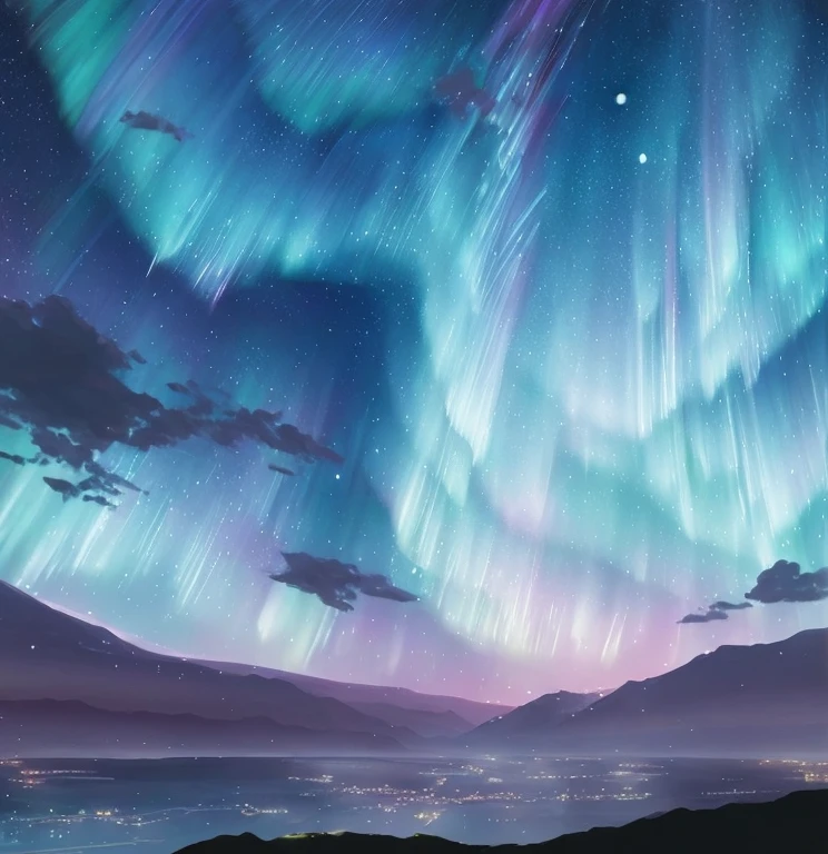 starry sky with aurora lights and a mountain in the distance, aurora in the sky, calm night. digital illustration, glowing lights! digital painting, northern lights background, with aurora borealis in the sky, beautiful art uhd 4 k, background art, aurora, magnificent background, northen lights background, background artwork, concept art magical highlight, anime background art