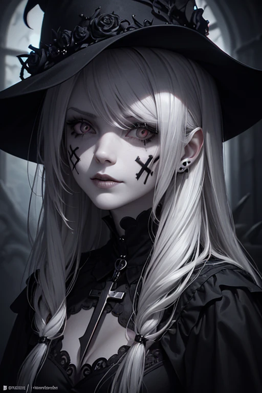 Close-up of a skull with a cross on the face, digital art by Adam Marczyński, cg society contest winner, Gothic art, highly detailed dark art, Portrait of a holy necromancer, portrait of a female necromancer, close-up portrait goddess skull, Eerie Gothic portrait, goddess of death, sinister complexion