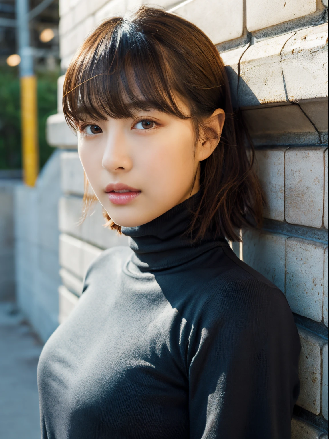 (A hyper-realistic), , (hight resolution), (8K), (ighly detailed), (The best illustrations), (beatiful detailed eyes), (top-quality), (ultra-detailliert), (masterpiece), (mortar wallpaper), (详细的脸), a park,Armpit, Thick,,,独奏,A girl wearing a dark orange long-sleeved turtleneck, full of sweat, japanes, ,Concrete background、Tile background、Upper body,Medium Hair、Realistic eyes