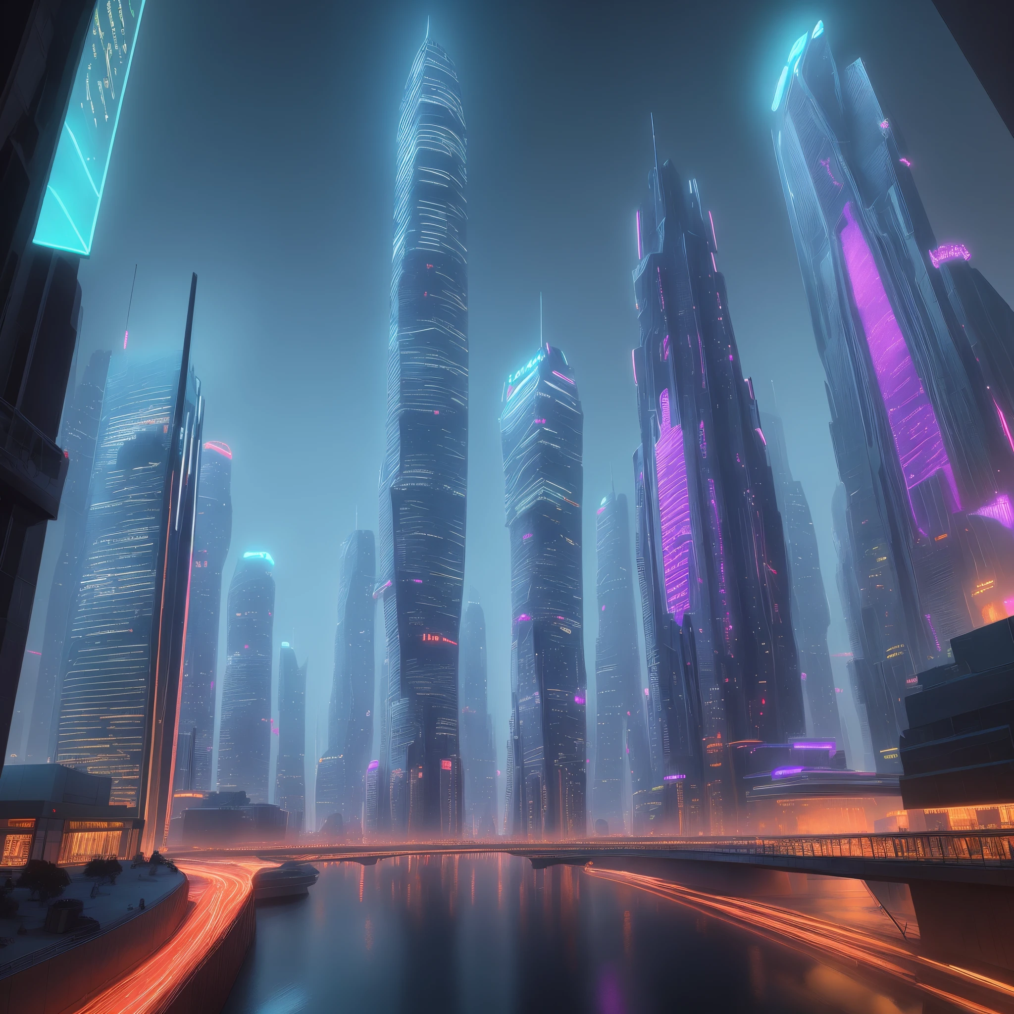 A futuristic city, tall skyscrapers of futuristic shapes, flying cars, neon lights, highly detailed high quality.
