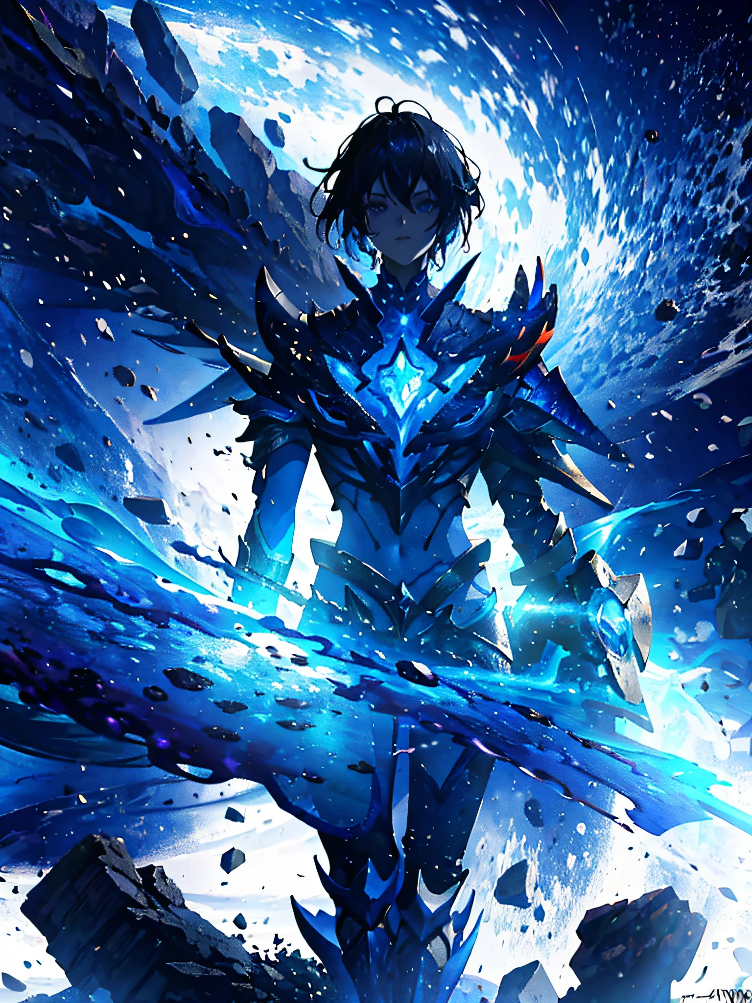anime character with a blue background and a black and white image, water armor, epic fantasy digital art style, guildwar artwork, luminous water elemental, iridescence water elemental, anime epic artwork, blue armor, wallpaper anime blue water, high quality digital concept art, from guild wars, badass anime 8 k, epic fantasy art style hd, 4k anime wallpaper