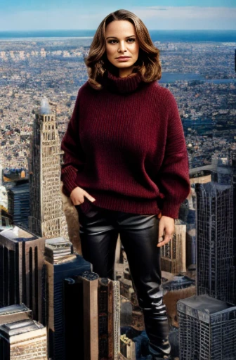 Natalie Portman from a distance, giantess, city, skyscrapers, giga, aerial view, giga giantess, between buildings, behind building, natural breasts, colossal breasts, top heavy, baggy sweater, leather pants, full body view, destruction, angry