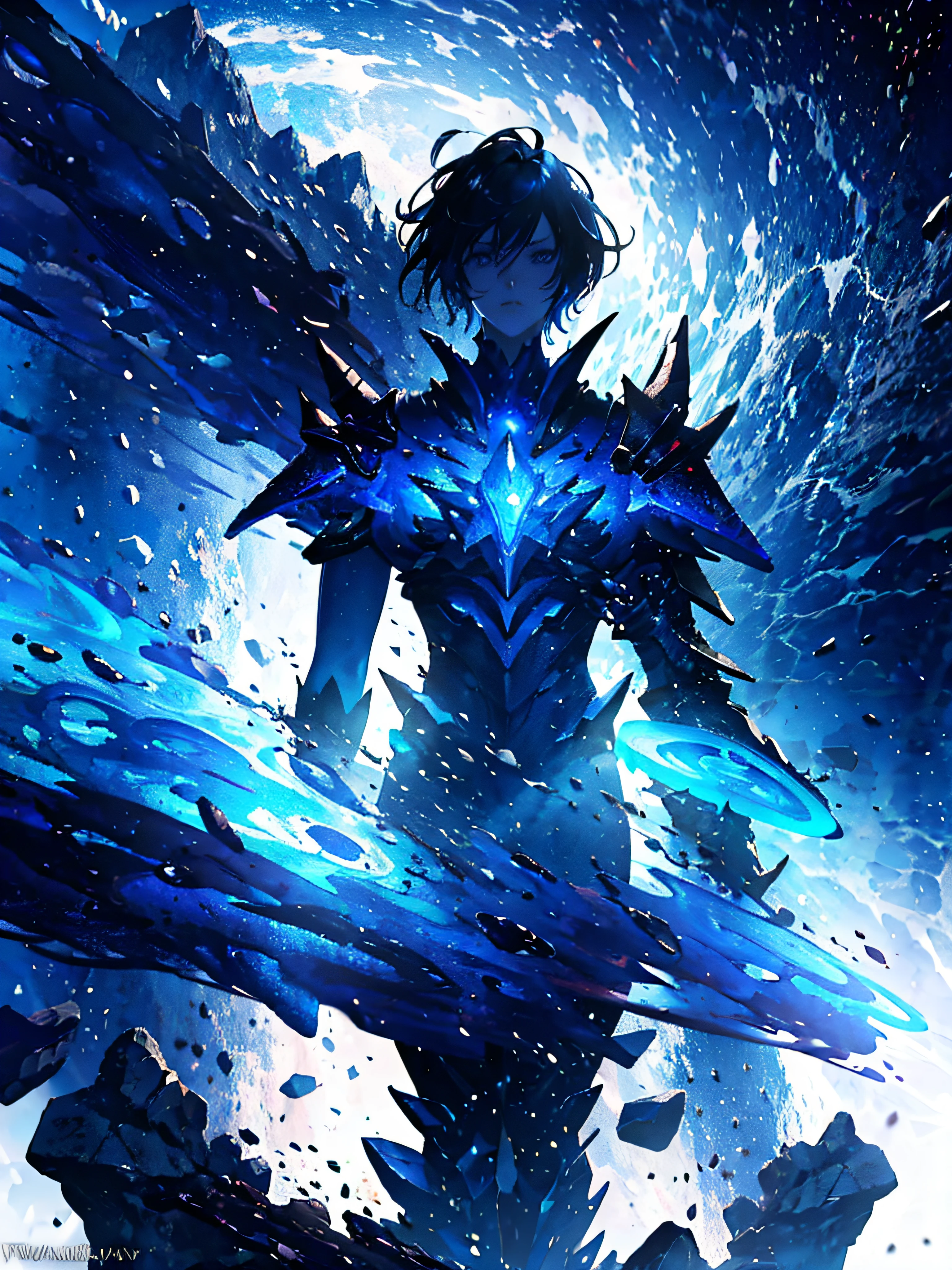 anime character with a blue background and a black and white image, water armor, epic fantasy digital art style, guildwar artwork, luminous water elemental, iridescence water elemental, anime epic artwork, blue armor, wallpaper anime blue water, high quality digital concept art, from guild wars, badass anime 8 k, epic fantasy art style hd, 4k anime wallpaper