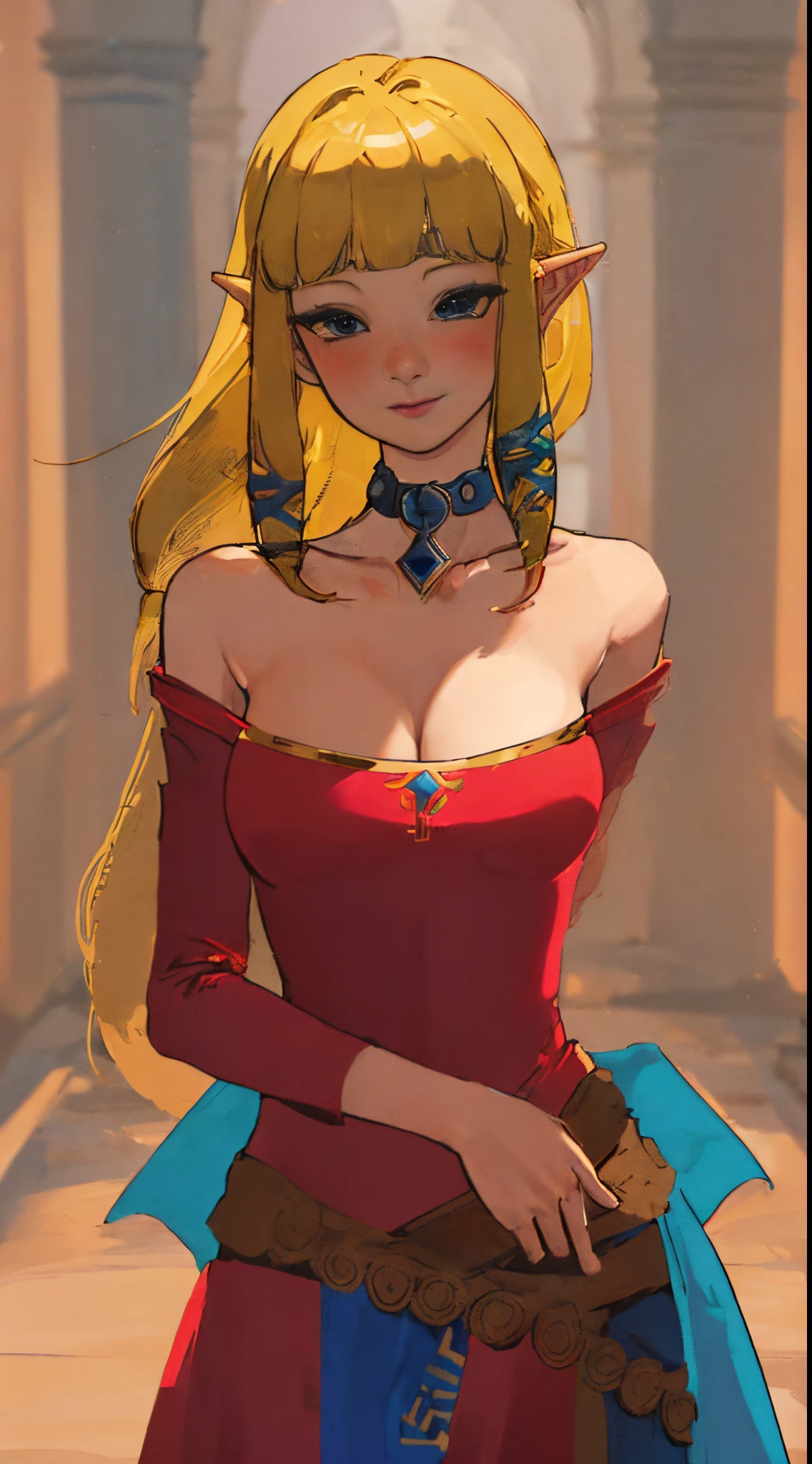 (adult:1.6)(29 years old:1.7)(masterpiece, best quality:1.2), 1girl,solo,(looking at viewer), princess, Zelda, red theme, long strapless dress, blonde hair, bare shoulders, blue eyes, palace, cowboy shot, ponytail,(blushing), (collar), (smiling:0.8),(see-through:0.3)(eyes open:1.3),(excited:0.4)(surprised:0.5)(affectionate:0.9)(detailed)