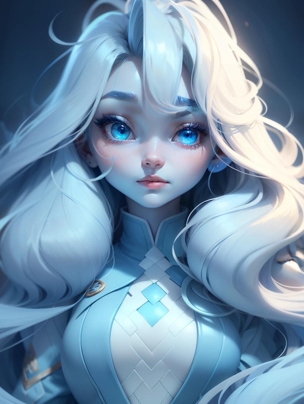 half body portrait of charming girl with blue skin and white long wavy hair, detailed skin, beautiful look to the camera, ancient fantastic suit, detailed suit, 8K , super details, colorful background, blurred background, sharp focus, dynamic pose