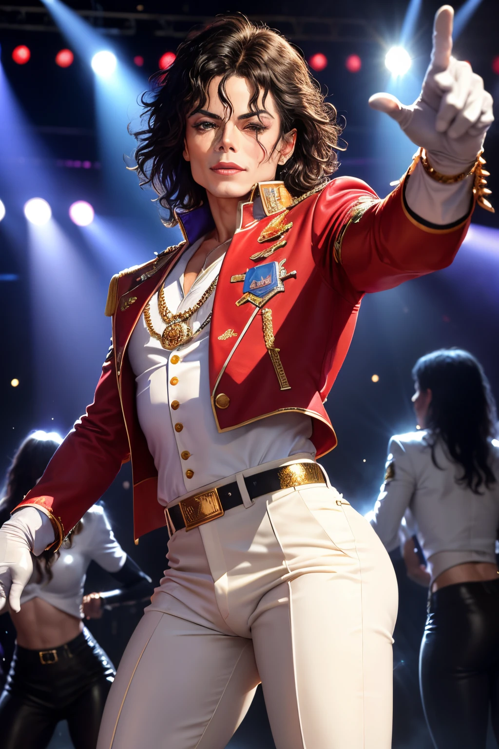 "Micheal Jackson, legendary entertainer, iconic dance moves, mesmerizing stage presence, iconic white glove, moonwalk, energetic performance, soulful voice, timeless music, pop music legend." Looking like a badass packing heat ready to save children all over the world,