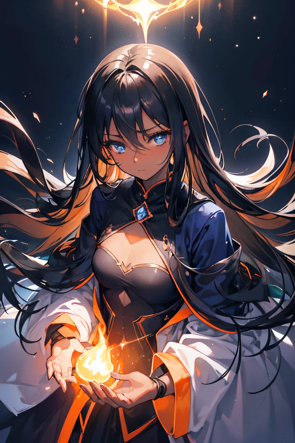 an extremely delicate and beautiful CG illustration, best quality, high resolution, dynamic angle, close-up shot, (1girl), ((Dark-Skinned)) blue large crystal eyes, straight long black hair, floating, soft light, (high-key lighting), mysterious,vivid orange color,shiny, ((Small chest)), ((Fire Powers)) ((Orange)) ((Black clothes)) ((Overcoat))