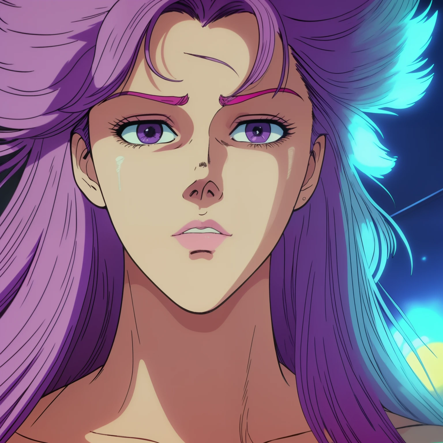 torso shot, dutch angle, closeup,attractive,detailed,natural lighting,storytelling,colourful,contrast,soft lighting,glowing effect,retro style,white hair,woman,face,serious expression,beautiful detailed eyes,beautiful detailed lips,purple eyes,red dress flowing in the breeze,80's fashion,neon lights,streets,HNK style,80's anime,deep shadows,colored highlights,evocative atmosphere,urban,to create a mysterious and nostalgic atmosphere.