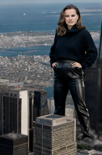 Natalie Portman from a distance, giantess, city, skyscrapers, giga, aerial view, giga giantess, between buildings, behind building, natural breasts, colossal breasts, top heavy, baggy sweater, leather pants, full body view, destruction, angry
