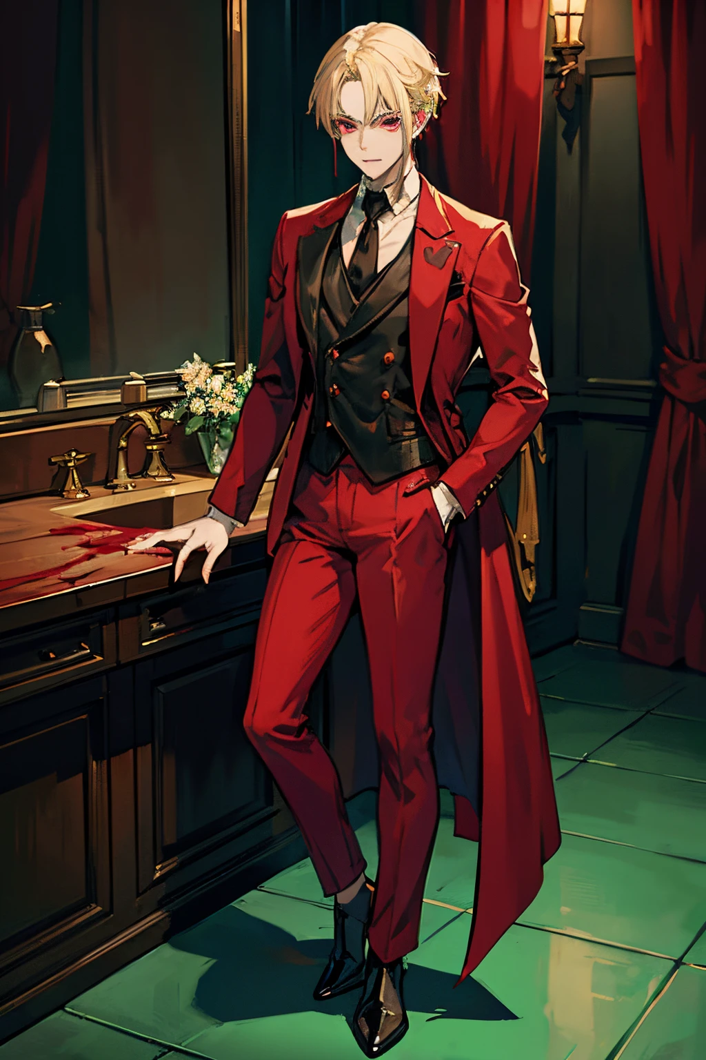 Male vampire with blonde hair, drinking blood, pale skin, Full body, Green suit
